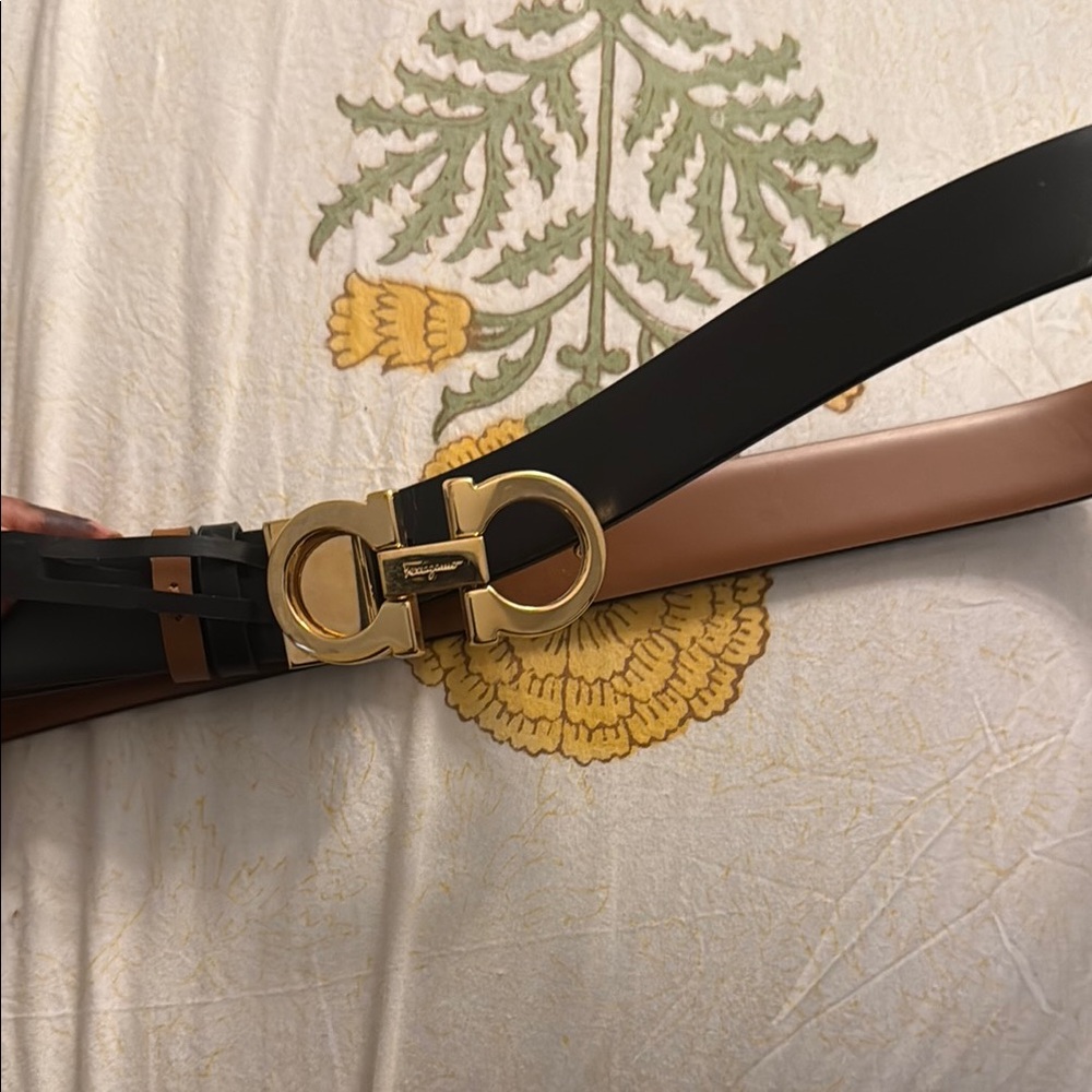 Salvatore Ferragamo Black and Brown Leather Belts with Gold Buckle